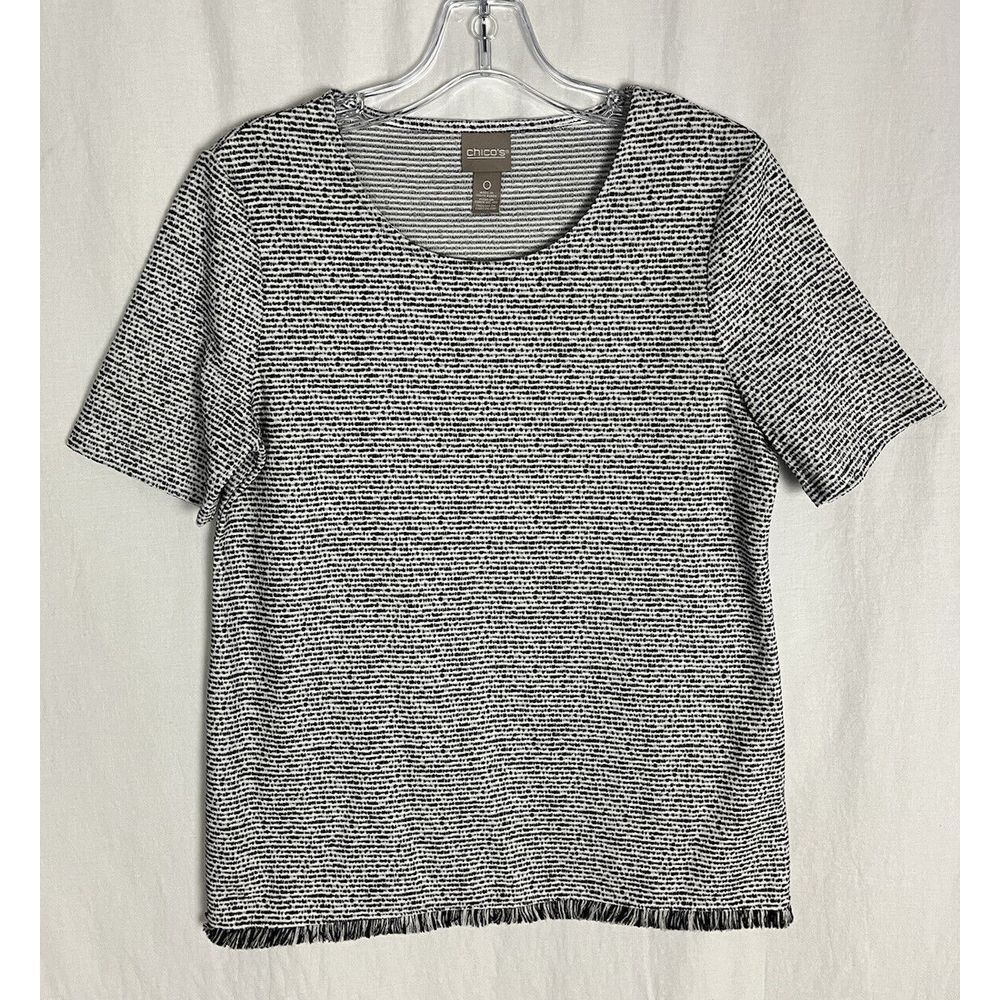 Chicos Casual Knit Top Black White Frayed Hem Short Sleeve Shirt Size 0‎